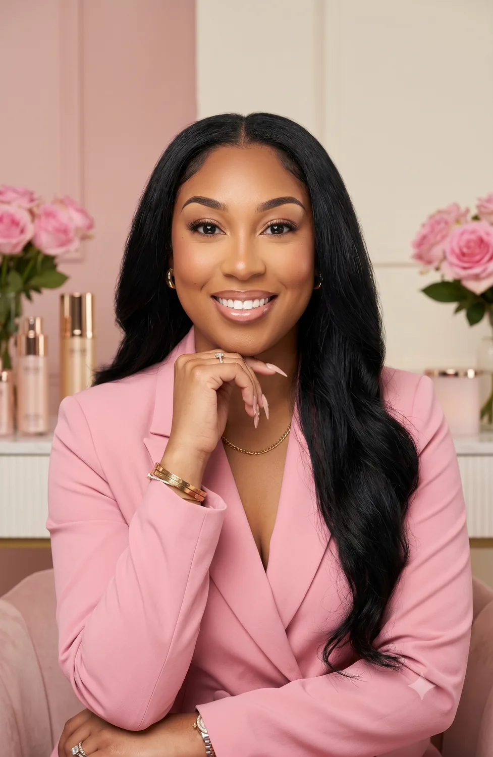 JADE in a polished pink beauty studio setting