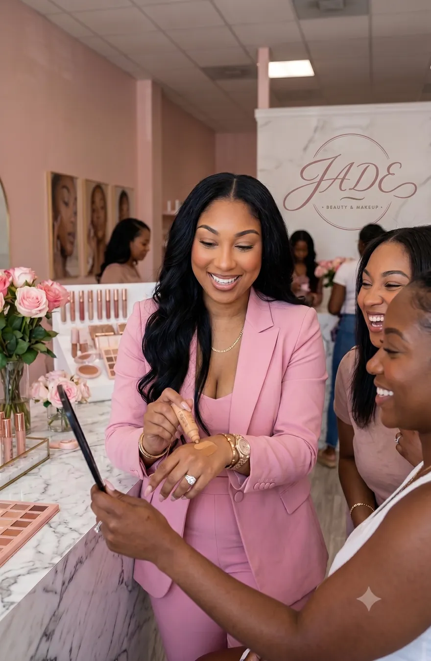 JADE sharing makeup products with clients in a pink studio