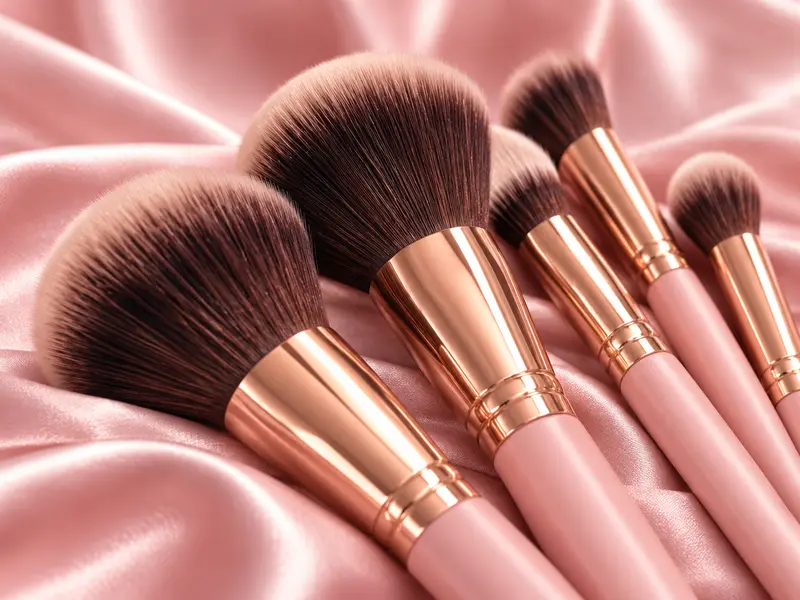 Pink and rose-gold makeup brushes arranged on blush satin